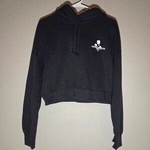 Hollister Black Crop Hoodie with Embroidered Floral Design, M